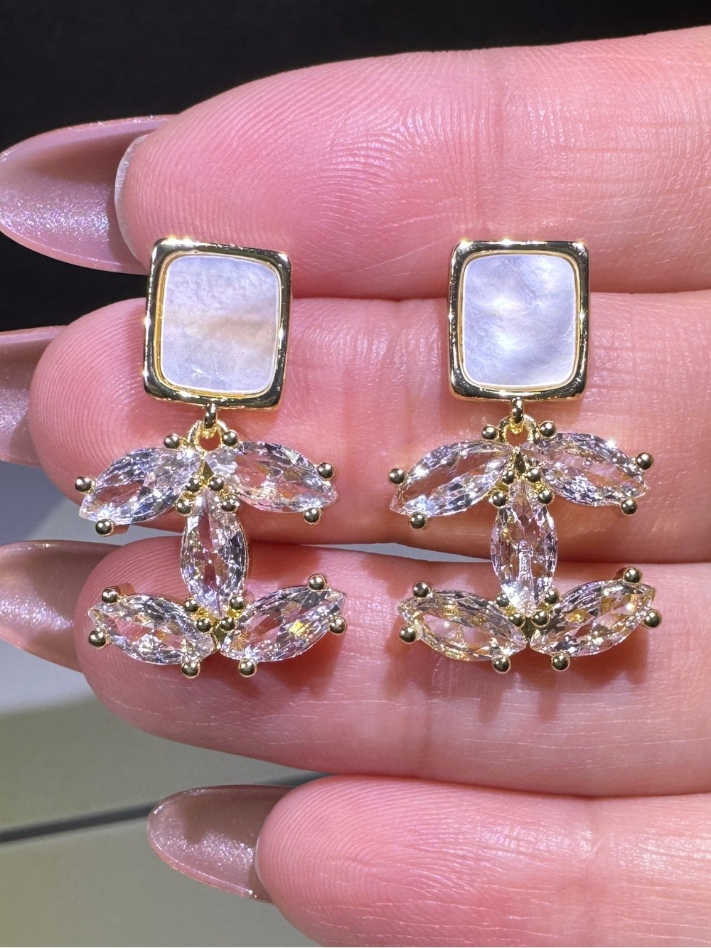 S925 Posts Mother of Pearl CZ Gold Dangle Earrings
